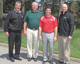 NICK MAYS | THE VINDICATOR
From left, Joe Valvo, Dr. Mike Burley, Mike Case and Mark Shaw play important roles in the American Heart Association’s 2013 Annual Golf Scramble. The fundraiser is scheduled for June 3 at the Youngstown Country Club. Local celebrity and former NFL star Tom Cousineau will play along with the other golfers.