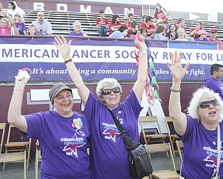 William D. Lewis The Vindicator Cheering during Boardman Relay For Life Friday May17,2013 are cancer survivors from left, Pam Hart of Girard, Kathyrn Senedak of North Jackson and Anita Hart of Girard.