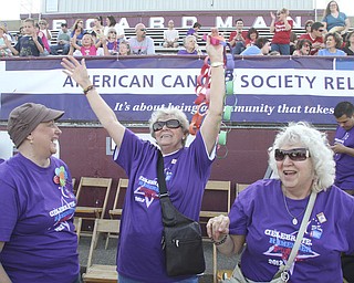 William D. Lewis The Vindicator Cheering during Boardman Relay For Life Friday May17,2013 are cancer survivors from left, Pam Hart of Girard, Kathyrn Senedak of North Jackson and Anita Hart of Girard.
