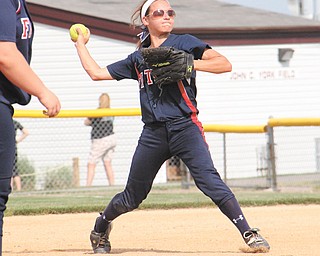 Fitch’s Cali Mikovich (3) throws to home plate to get an out against Stow during a Division I district semifinal at Fields of Dreams in Boardman. Fitch won, 8-6.