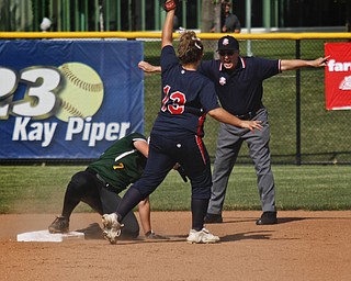 MADELYN P. HASTINGS I THE VINDICATOR
Fitch's Alessandra Corradi (13) fails to tag Medina's Vanessa Scoarste (7) as she slides into third base during their game at the University of Akron on May 30, 2013. Fitch lost to Medina 5-3.