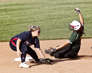 MADELYN P. HASTINGS I THE VINDICATOR
Fitch's Alessandra Corradi (13) fails to tag Medina's Lauren Peak (3) as she slides into third base during their game at the University of Akron on May 30, 2013. Fitch lost to Medina 5-3.