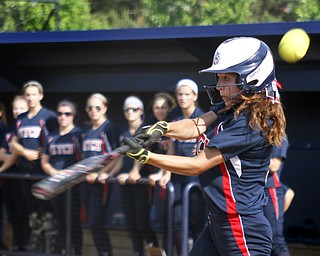 MADELYN P. HASTINGS I THE VINDICATOR
Fitch's Cali Mikovich (3) misses the ball as she bats during their game at the University of Akron on May 30, 2013. Fitch lost to Medina 5-3.