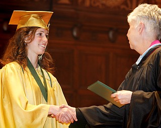 MADELYN P. HASTINGS | THE VINDICATOR
Lea Carroll receives her diploma during Ursuline High School's commencement on June 2, 2013 in Stambaugh Auditorium. Lea is a fourth generation graduate from Ursuline High School.