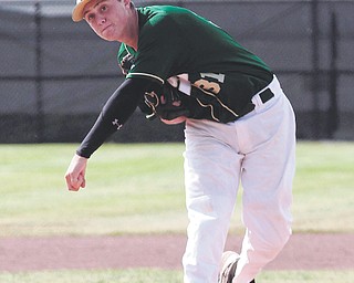 Ursuline pitcher Dion Felger fires to home during Friday’s 4-1 victory over Orrville in the Division III regional title
game in Massillon.