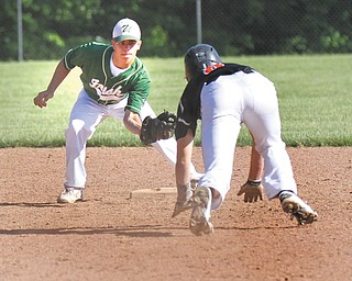 Ursuline’s Joel Hake waits at second base for Springfield baserunner Brandon Chamberlain during a game
Monday at Springfield High School. Chamberlain was out, and the Irish won 12-4. The two teams met for a
“tune-up” before each heads off to state semifinals play in Columbus. The Irish meet Wheelersburg on
Thursday in Division III, and the Tigers face Defiance Tinora in Division IV on Friday.