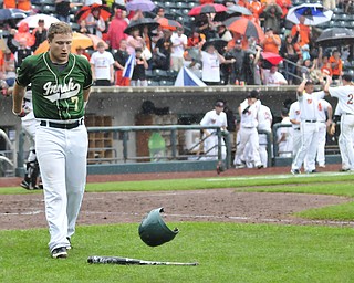 Harry Finelli #7 of Ursuline throws his helmet to the ground after striking out with the bases loaded in the bottom of the 8th inning to end the game against Wheelersburg.