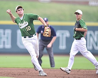 Ursuline infielder Ryan Strollo #10 prepares to throw the ball to first base for the out. Ursuline infielder #9 Joel Hake pictured. 