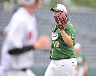 Ursuline pitcher Sam Donko #13 reacts after hitting Wheelersburg's #21 Sam Robinson with a pitch during the top of the 7th inning. 