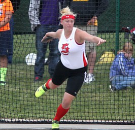 Salem's Ciera Trybend makes a throw during the OHSAA Girl's Division II State Discus Finals, Friday, June 7, 2013, at the Ohio State University, in Columbus, Ohio. (Photo For The Vindicator by Terry Gilliam)