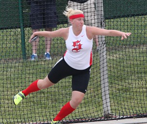 Salem's Ciera Trybend makes a throw during the OHSAA Girl's Division II State Discus Finals, Friday, June 7, 2013, at the Ohio State University, in Columbus, Ohio. (Photo For The Vindicator by Terry Gilliam)