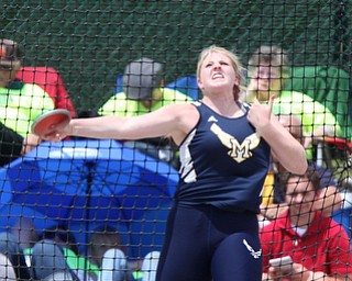 McDonald's Tory Ross throws the Discus during the OHSAA Girls Division III Discus Finals, Friday, June 7, 2013, at the Ohio State University, in Columbus, Ohio. (Photo For The Vindicator by Terry Gilliam)