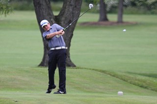 Joey Shushok drives off the final tee box of the 18th hole during the Greatest Golfer of the Valley tournament at Mohawk Trails Golf Course in New Castle.