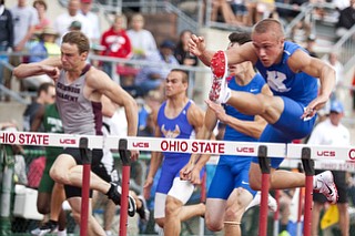 Chad Zallow competes in the 110m hurdles at the state track and field finals at Jesse Owens Memorial Stadium, Columbus, OH, Saturday, July 8, 2013.