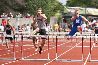 Chad Zallow competes in the 300m hurdles at the state track and field finals at Jesse Owens Memorial Stadium, Columbus, OH, Saturday, July 8, 2013.