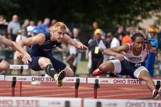 Sam Ortz of Austintown-Fich competes in the 100m hurdles at the state track and field finals at Jesse Owens Memorial Stadium, Columbus, OH, Saturday, July 8, 2013.