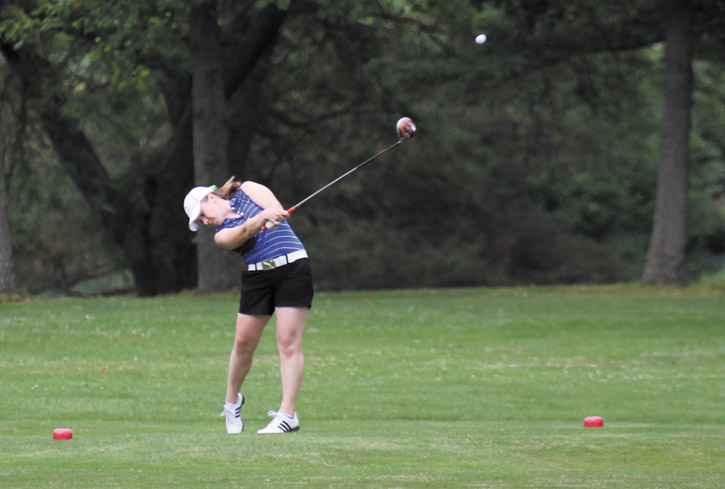 Kerra Loomis drives off the 16th tee box during the Greatest Golfer of the Valley tournament at Mohawk Trails Golf Course in New Castle.