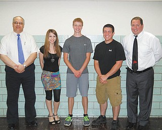 SPECIAL TO THE VINDICATOR
Struthers Rotary recently announced the recipients of its $500 scholarships for 2013 from Struthers High School. From left are Tom Baringer, Rotary president; this year’s winners, Alyssa Gage, Art Gioglio and Anthony Lariccia; and Joe Nohra, Struthers superintendent. Steve Seifert is this year’s recipient of the $500 William Comstock Scholarship. Comstock was a Struthers teacher, board member, Rotarian and businessman. For information on the club write to Struthers Rotary, 110 Poland Ave., Struthers, OH 44471.