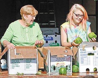 Sue Engler, left, of Braceville is helped by her granddaughter, Hannah Engler, a student at LaBrae High School, with Warren Emmanuel Lutheran Church’s produce distribution. Engler and her husband, Randall, organize the church’s distribution programs.