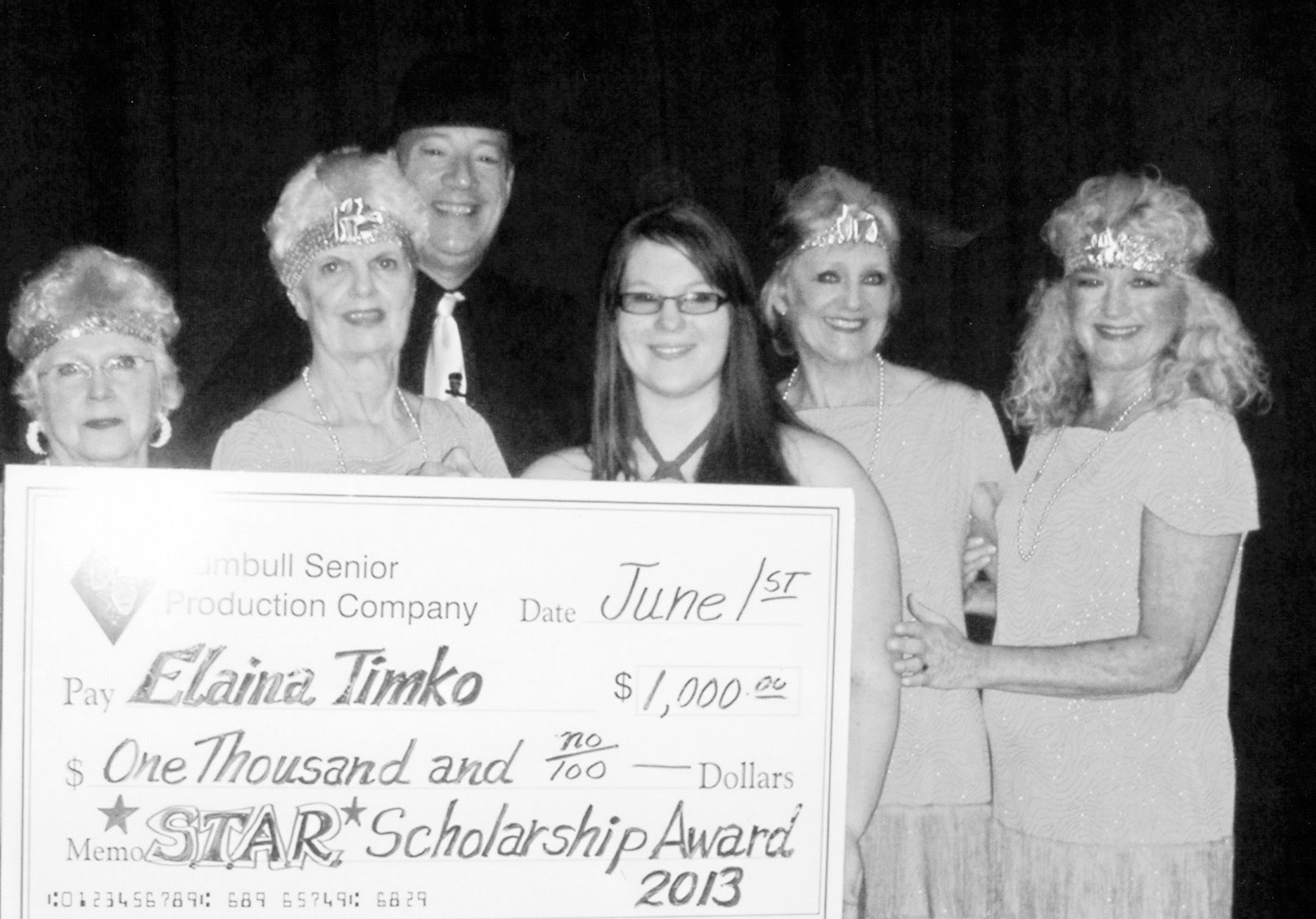 SPECIAL TO THE VINDICATOR
The Trumbull Senior Production Company recently presented Elaina Timko of LaBrae High School with a $1,000 scholarship to the Dana School of Music for her studies to become a music teacher. Those presenting the award, from left, are Carol Bovee, vice president; Jean Bolinger, treasurer; Jason Burgermyer, president; Timko; Jeannie Trask, board member; and Leslie Wilkinson, member. To qualify for the scholarship, applicants are required to graduate from a Trumbull County high school with plans to major in some phase of the performing arts.