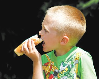 Eddie Ware, 5, takes a big bite out of a hot dog during Harry Stevens Hog Dog Day on Sunday in downtown Niles. The event honored Stevens, the Niles entrepreneur who is credited with inventing the hot dog, drinking straw and scorecard.