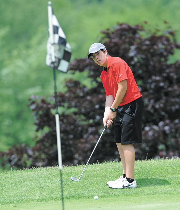Andrew Williamson of Austintown chips out of the short rough and onto the green of the ninth hole at Diamond Back Golf Course during Tuesday’s Junior boys’ qualifier for the Greatest Golfer of the Valley tournament. 
