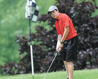 Andrew Williamson of Austintown chips out of the short rough and onto the green of the ninth hole at Diamond Back Golf Course during Tuesday’s Junior boys’ qualifier for the Greatest Golfer of the Valley tournament. 
