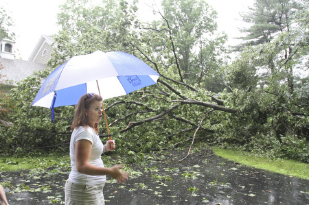 William D Lewis The Vindicator MAry Baumeier looks at a treefell onher Ravine Drive home in Liberty Wed during heavy storms. A large oak tree fell and partially landed on her house. no one was injured.