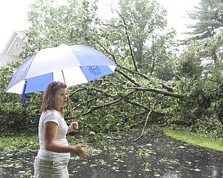 William D Lewis The Vindicator MAry Baumeier looks at a treefell onher Ravine Drive home in Liberty Wed during heavy storms. A large oak tree fell and partially landed on her house. no one was injured.