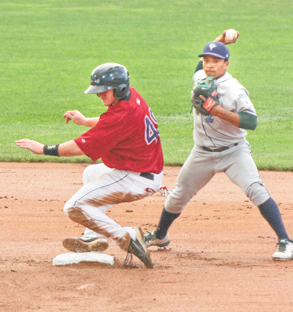 Scrappers baserunner Cody Ferrell (49) is forced out at second as Vermont infielder Jaycob Brugman completes the double play during the first inning of Monday’s game at Eastwood Field.