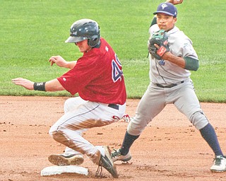 Scrappers baserunner Cody Ferrell (49) is forced out at second as Vermont infielder Jaycob Brugman completes the double play during the first inning of Monday’s game at Eastwood Field.