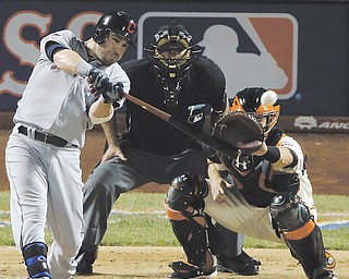 The American League’s Jason Kipnis of the Cleveland Indians hits a run-scoring double during the eighth inning of the MLB All-Star game Tuesday in New York.