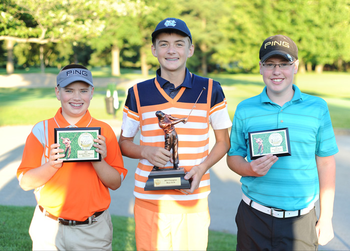 Ken Keller, center, won the 12-14 boys division Sunday of the 2013 Greatest Golfer of the Valley presented by Farmers National Bank at Trumbull Country Club. Cole Christman, left, won second in a scorecard playoff over Zach Jacobson, who took third.