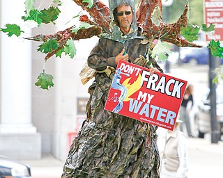More than 200 people attended a “Don’t Frack Ohio” rally Monday in Courthouse Square in Warren. Some participants decided to show their opposition to the oil-and-gas industry operations in Ohio by dressing up in costumes, including Jim Jewel of Kent, who dressed as a tree and stood on stilts.