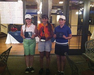 Jenny Vivo, center, won the girls 12-14 division. Kaci Carpernter, left, won 2nd in a scorecard playoff over Hannah Keffler, who earned 3rd. They competed in the finals of the 2013 Greatest Golfer of the Valley presented by Farmers National Bank at Trumbull Country Club.
