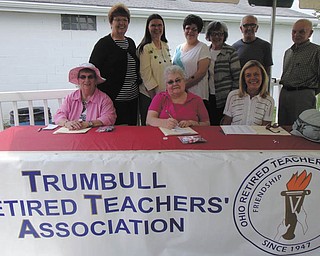 SPECIAL TO THE VINDICATOR
Trumbull Retired Teachers Association members served as judges for the 25th annual TRTA spelling bee at the Trumbull County Fair. Seated, from left, are Charlotte Jessup, Ruby Hawkins and Kathy Luhaney, and standing are Denise Deltondo, Barb Wright, Marilyn Stanton, Emily Kapots, John Ruggiero and Bob Sanders. TRTA will meet for a noon luncheon Aug. 13 at Ciminero’s Banquet Center, 123 N. Main St., Niles, where they will honor our veterans. For reservations send $11.25 per person to Ellen King, 7141 Vineland Place, Youngstown, OH 44512-4845 or call 330-758-3902.