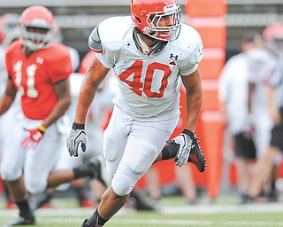 Youngstown State linebacker Jaylin Kelly (40) drops back in pass coverage during team drills Monday at YSU’s Stambaugh Stadium. With fewer positions up for grabs this season, Kelly, a freshman, has managed to work his way into the backup inside LB role after just five practices.