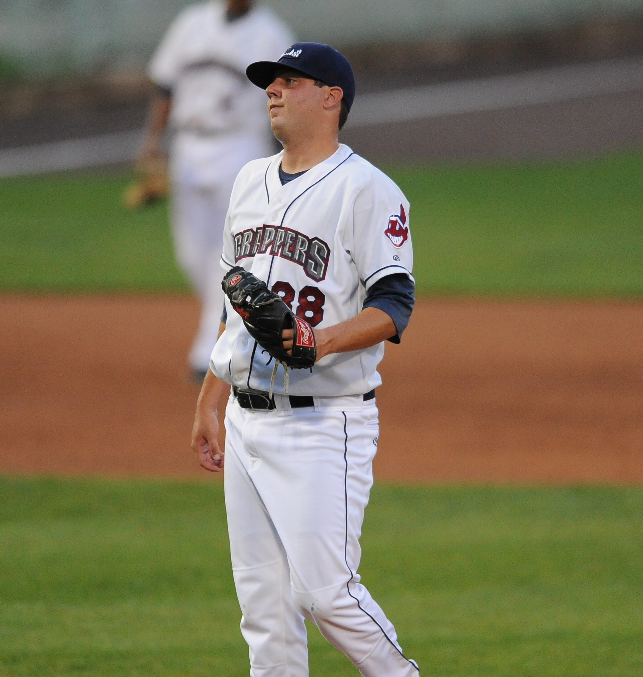 Scrappers pitcher #28 Michael Goodnight reacts after missing the strike zone on a pitch. 
