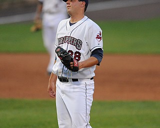 Scrappers pitcher #28 Michael Goodnight reacts after missing the strike zone on a pitch. 