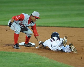 Lowell infielder #7 Tzu-Wei Lin tags out scrappers base runner #24 Brian Ruiz who was attempting to stretch a single into a double in the bottom of the 6th inning. This would end this inning. 
