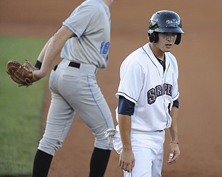 Scrappers base runner #48 James Roberts reacts after being tagged out by Renegades first basemen #18 John Alexander on a pick off throw from the catcher on August 9, 2013.