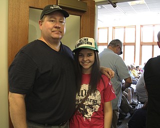 Brian Seese (left) of Columbiana stands with his niece Rachal Lavander (17) of New Middletown during a Big Foot Research Group meeting at the Leetonia Community Public Library in Leetonia on Saturday Morning. Dustin Livesay | The Vindicator 8/10/13 Leetonia Community Public Library..