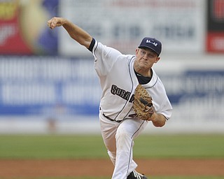 Scrappers starting pitcher #45 Dace Kime throws a pitch during the top of the 2nd inning during a game between the Scrappers and Renegades on August 10, 2013.