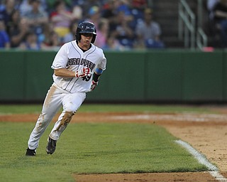 Scrappers base runner 349 Cody Ferrell sprints to first base before making the turn to head to second for a double in the bottom of the 4th inning during a game between the Scrappers and Renegades on August 10, 2013.