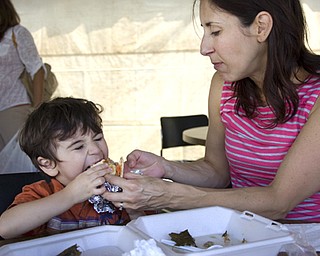 Kelli Cardinal/The Vindicator
Jessica Gonzalez, from Boardman, gives son, Sebastian, 3, a bite of her lamb sandwich Saturday during a traditional Greek Festival at St. John's Greek Orthodox Church on Glenwood Avenue in Boardman. Gonzalez and her family have visited the festival for the last four years.