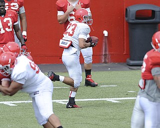 Youngstown State defensive back #23 Justin Gallegos runs with the football down the sideline after intercepting a pass late in practice Saturday morning.