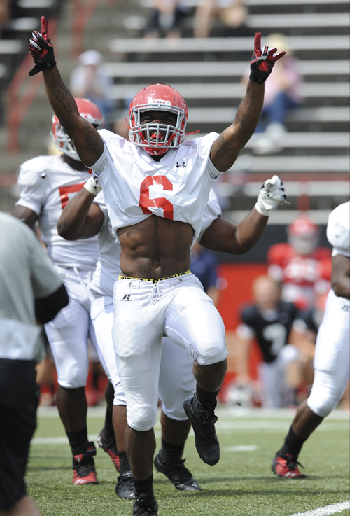 Youngstown State linebacker #6 Travis Williams celebrates after blocking a field goal in the last play of the practice Saturday morning.