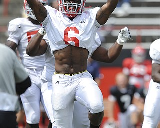 Youngstown State linebacker #6 Travis Williams celebrates after blocking a field goal in the last play of the practice Saturday morning.