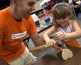 Kelli Cardinal/The Vindicator
John Farris, from Poland, helps Raylyn (ok) Mercer, 5, from Campbell, make a heart basket Sunday in the Home Depot workshop for kids during the Spanish Heritage Festival in downtown Youngstown.