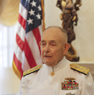 Admiral Kenneth Monroe Carr, 88, of Chagrin Falls, tells of his 46-year career in the military to the residents at Windsor House, Liberty. 